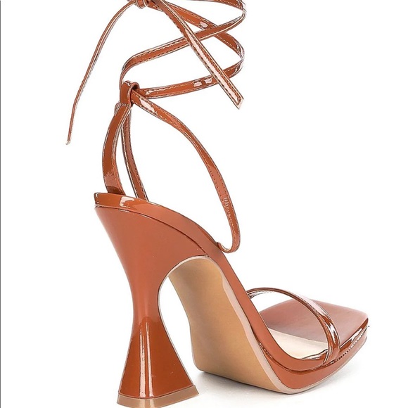Lafayette Square Toe Patent Ankle Wrap Sculptural Heel Dress Sandals in Cognac - Picture 2 of 7